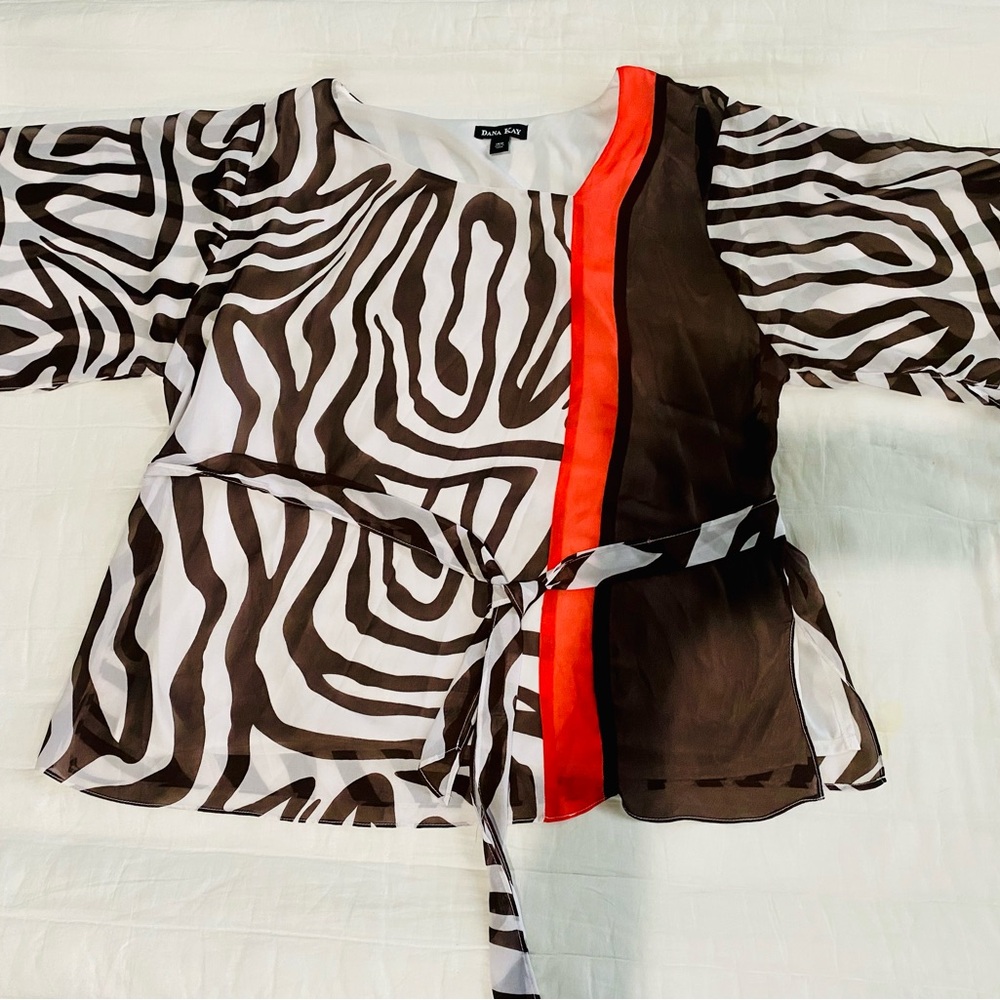 Dana Kay White and Brown Zebra-Print Top with Coral Accent